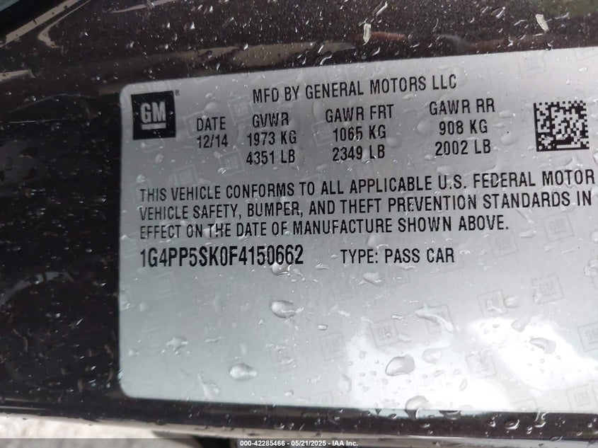 2015 BUICK VERANO VIN: 1G4PP5SK0F4150662