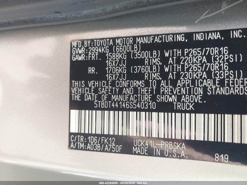 2006 TOYOTA TUNDRA VIN: 5TBDT44146S540310