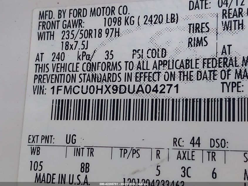 2013 Ford Escape Sel VIN: 1FMCU0HX9DUA04271 Lot: 42285781