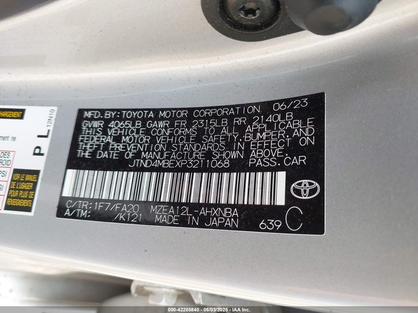 2023 Toyota Corolla Se VIN: JTND4MBEXP3211068 Lot: 42285840