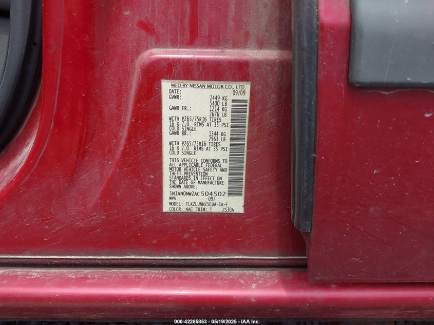 2010 NISSAN XTERRA VIN: 5N1AN0NW2AC504502