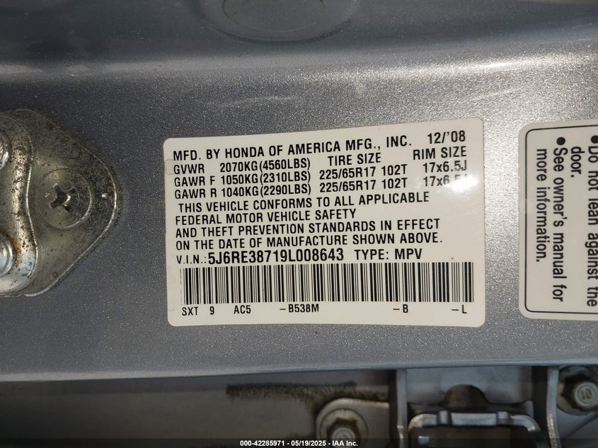 2009 HONDA CR-V VIN: 5J6RE38719L008643