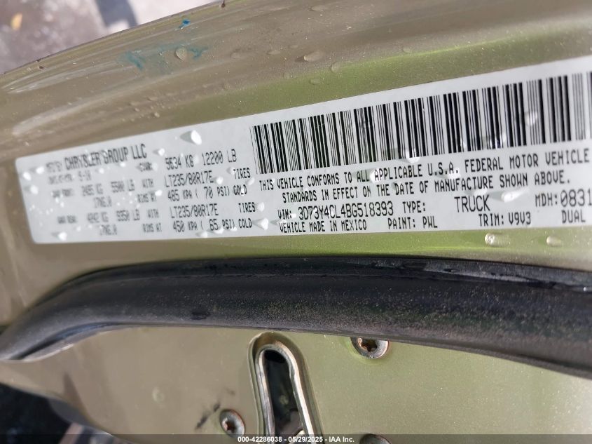 2011 Ram Ram 3500 St VIN: 3D73Y4CL4BG518393 Lot: 42286038