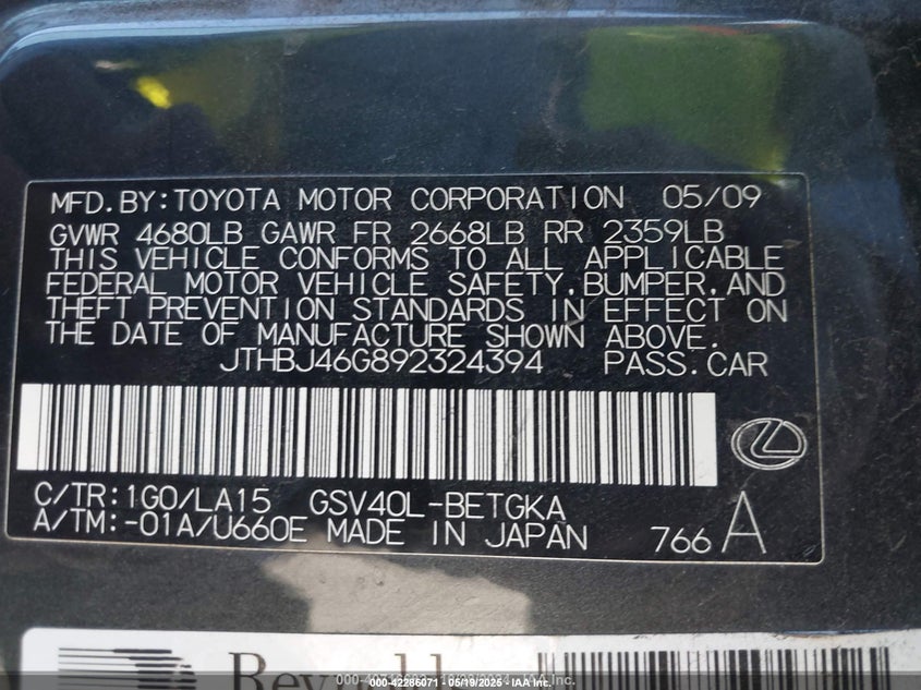 2009 Lexus Es 350 VIN: JTHBJ46G892324394 Lot: 42286071