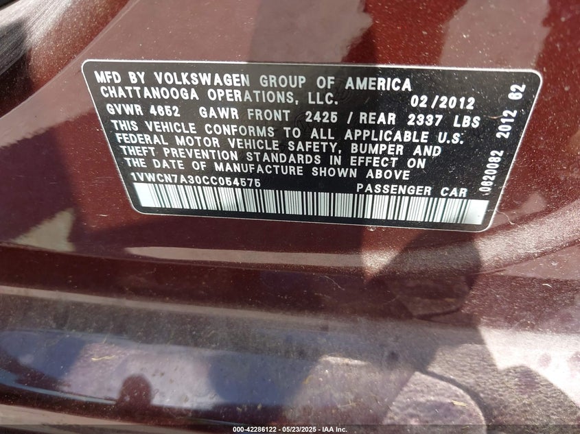 2012 VOLKSWAGEN PASSAT VIN: 1VWCN7A30CC054575