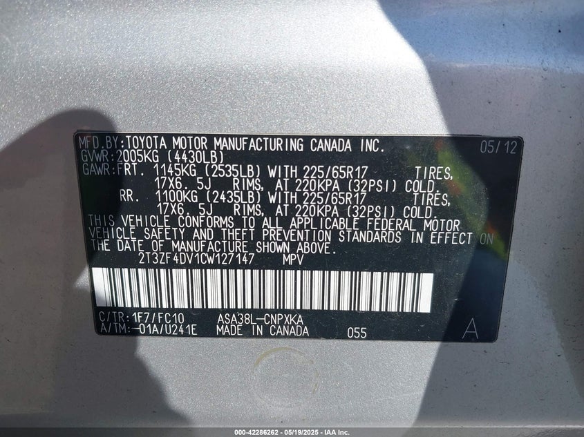 2012 TOYOTA RAV4 VIN: 2T3ZF4DV1CW127147