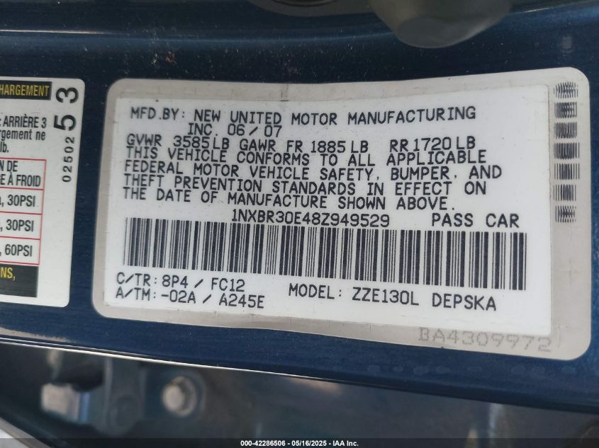 2008 Toyota Corolla S VIN: 1NXBR30E48Z949529 Lot: 42286506