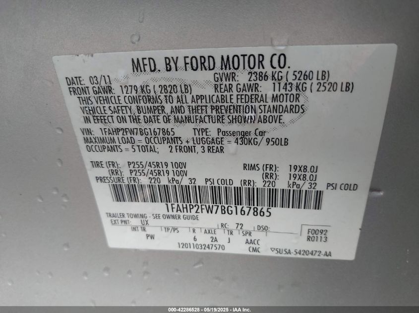 2011 Ford Taurus Limited VIN: 1FAHP2FW7BG167865 Lot: 42286528