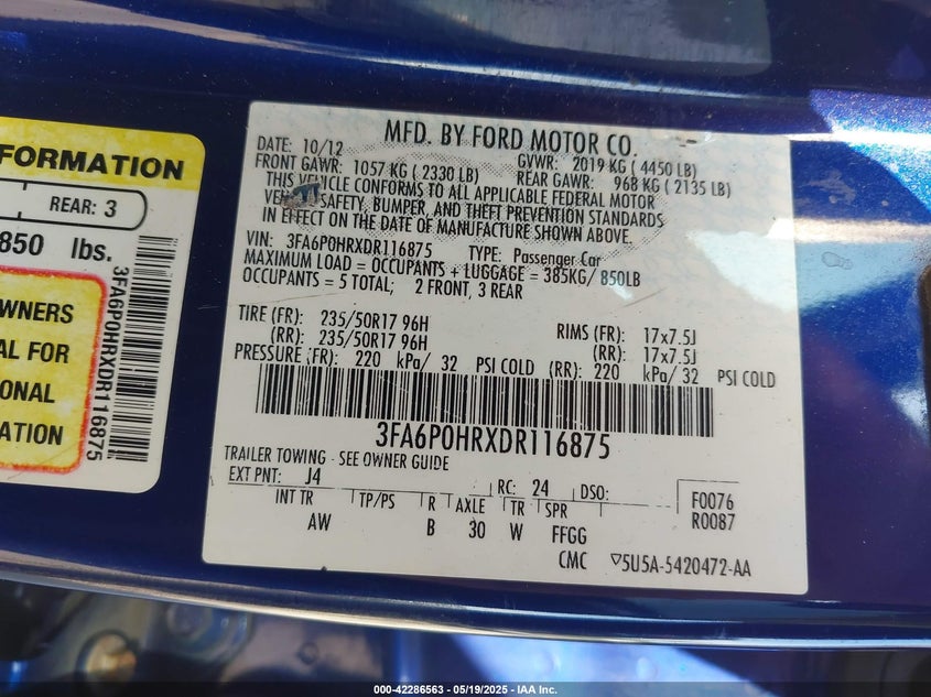 2013 FORD FUSION VIN: 3FA6P0HRXDR116875