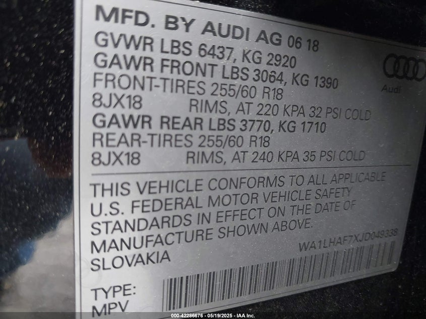 2018 AUDI Q7 2.0T PREMIUM - WA1LHAF7XJD049338