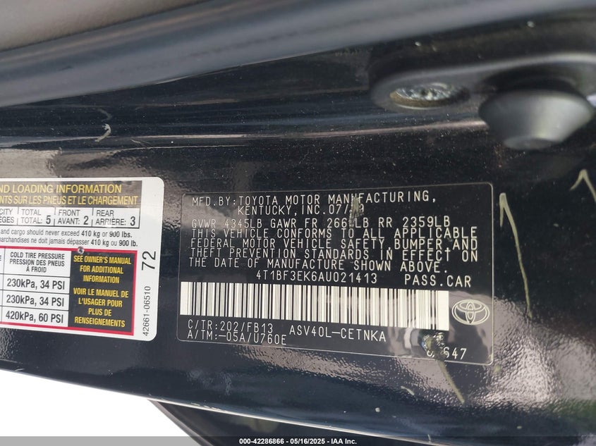 2010 TOYOTA CAMRY VIN: 4T1BF3EK6AU021413