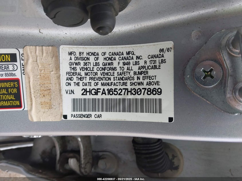 2007 Honda Civic Lx VIN: 2HGFA16527H307869 Lot: 42286937