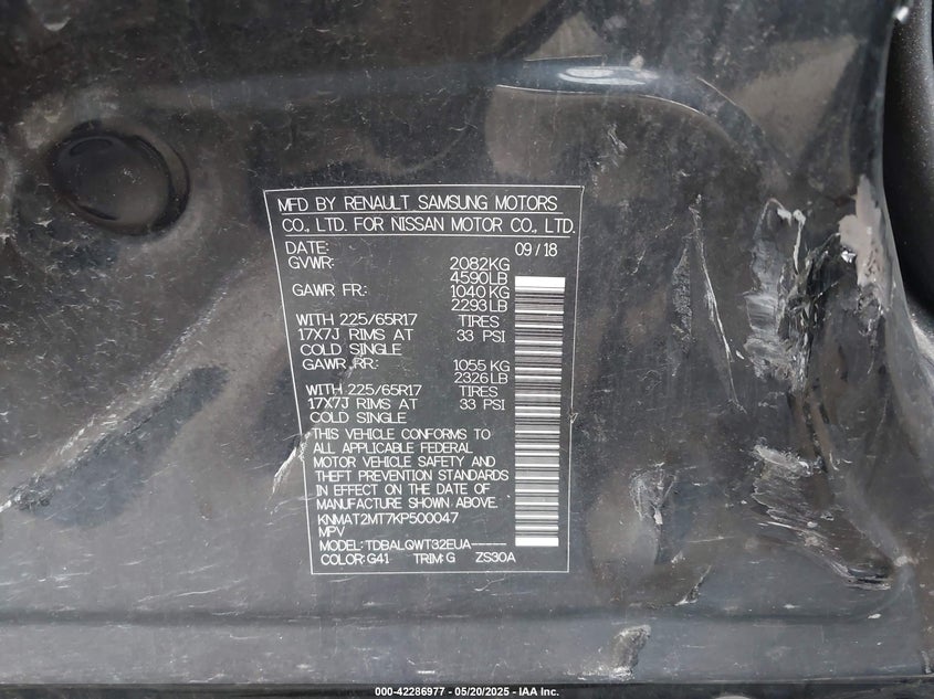 VIN KNMAT2MT7KP500047 2019 NISSAN ROGUE SV