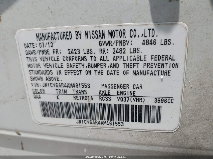 2010 INFINITI G37X VIN: JN1CV6AR4AM461553