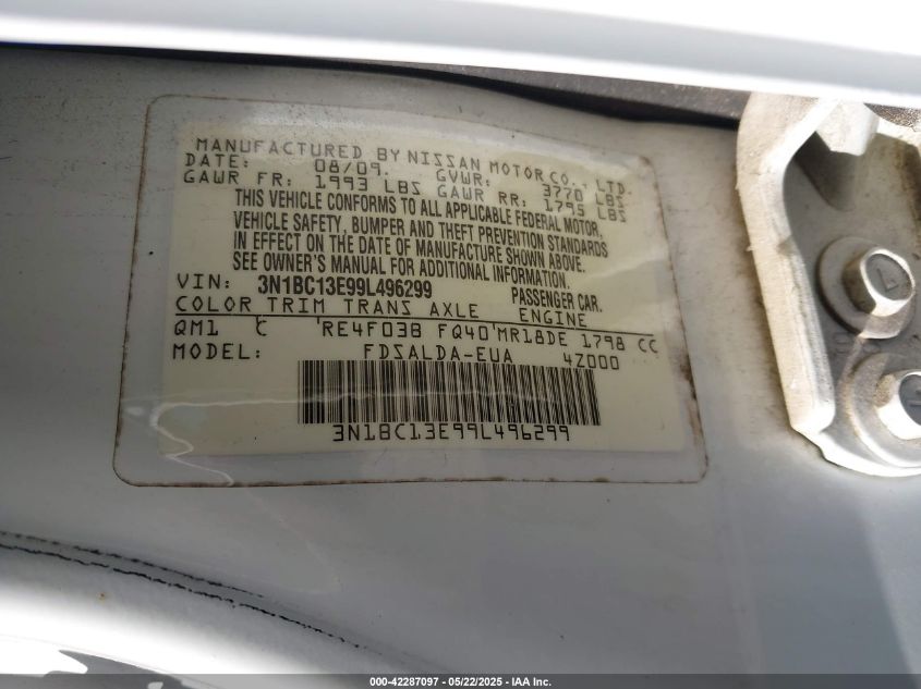 2009 Nissan Versa 1.8S VIN: 3N1BC13E99L496299 Lot: 42287097