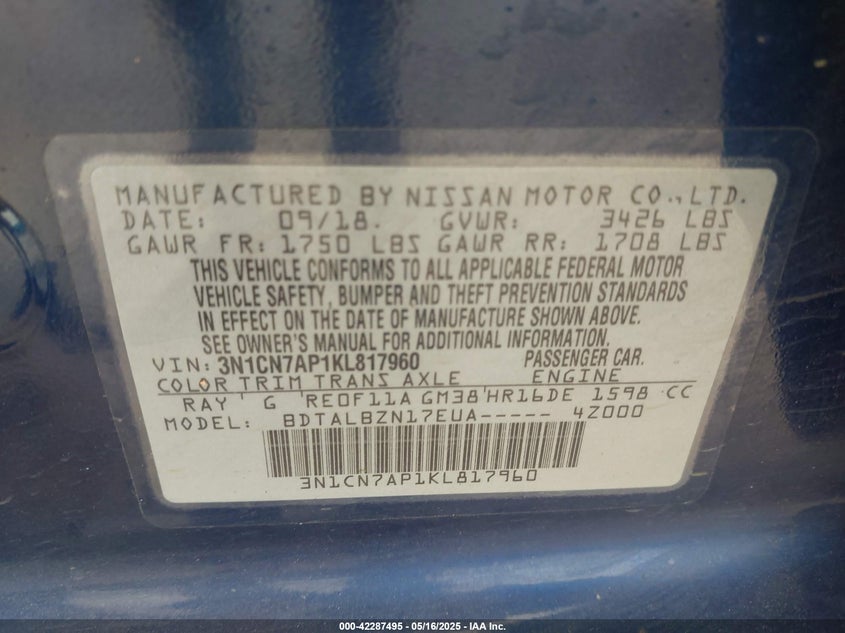 2019 NISSAN VERSA 1.6 SV - 3N1CN7AP1KL817960