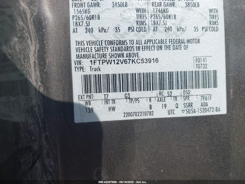 2007 Ford F-150 Lariat/Xlt VIN: 1FTPW12V67KC53916 Lot: 42287666