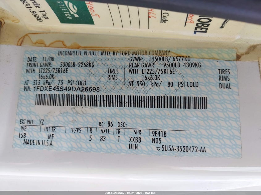2009 Ford E-450 Cutaway VIN: 1FDXE45S49DA26698 Lot: 42287682