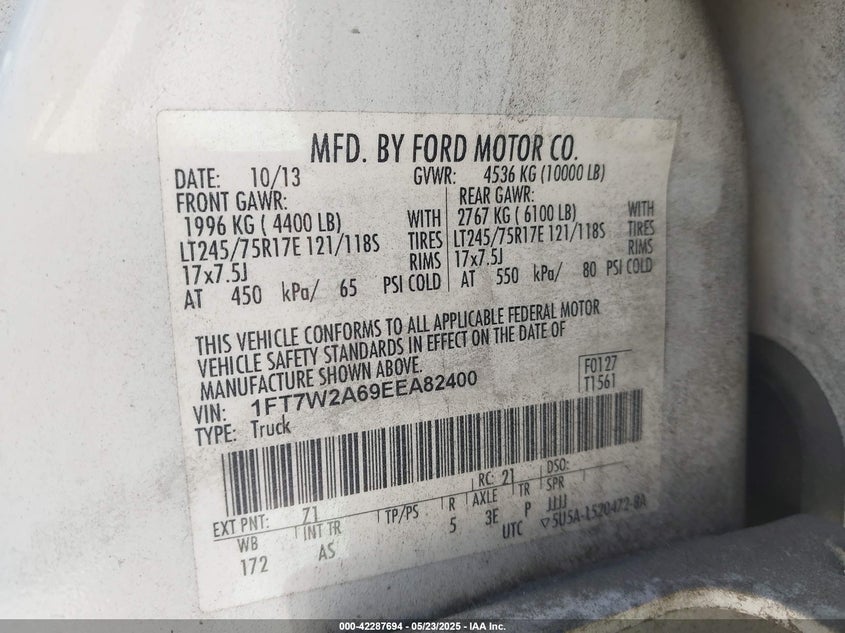 2014 FORD F-250 VIN: 1FT7W2A69EEA82400