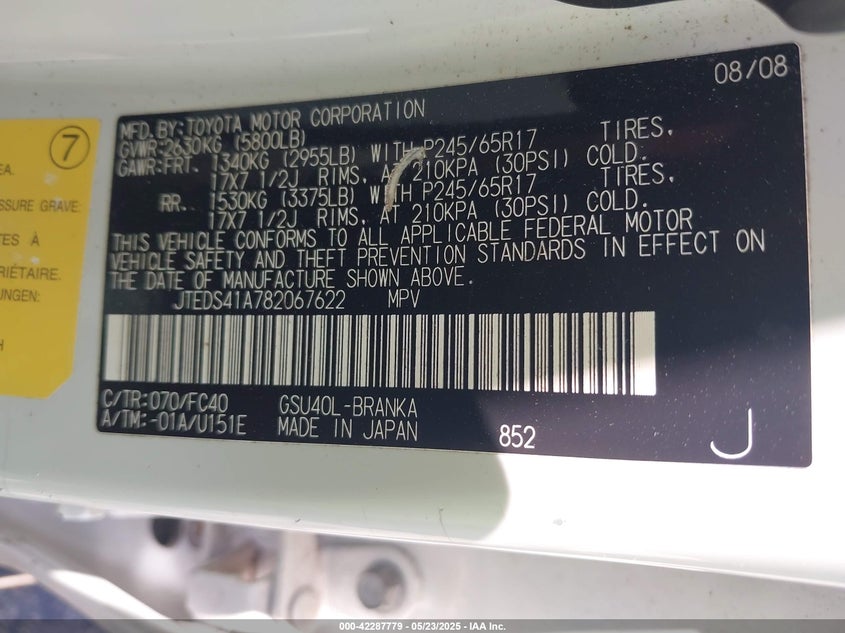 2008 TOYOTA HIGHLANDER VIN: JTEDS41A782067622