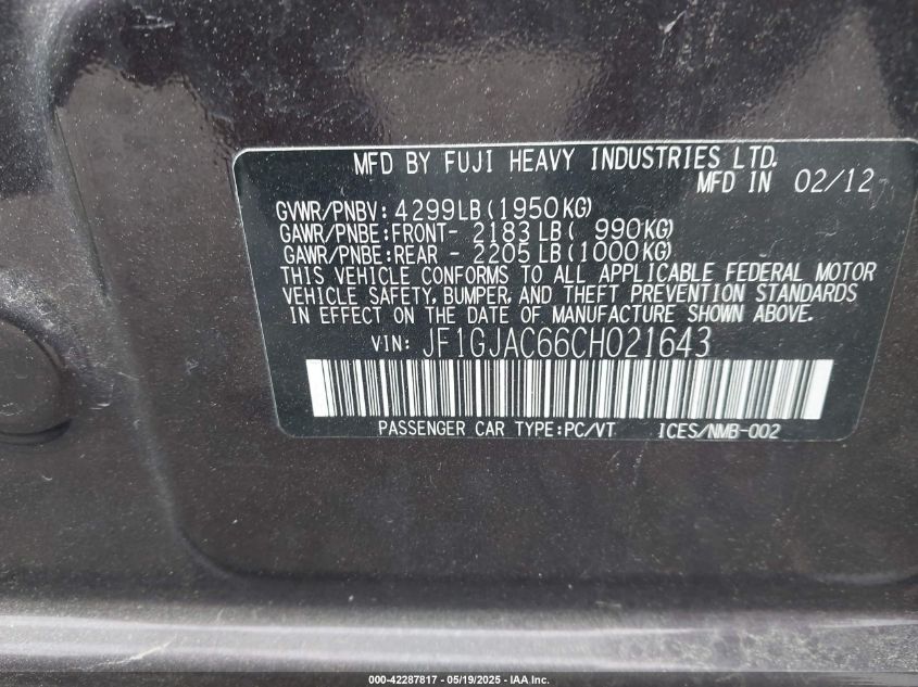 2012 Subaru Impreza 2.0I Premium VIN: JF1GJAC66CH021643 Lot: 42287817