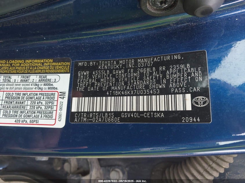 2007 TOYOTA CAMRY VIN: 4T1BK46KX7U035453