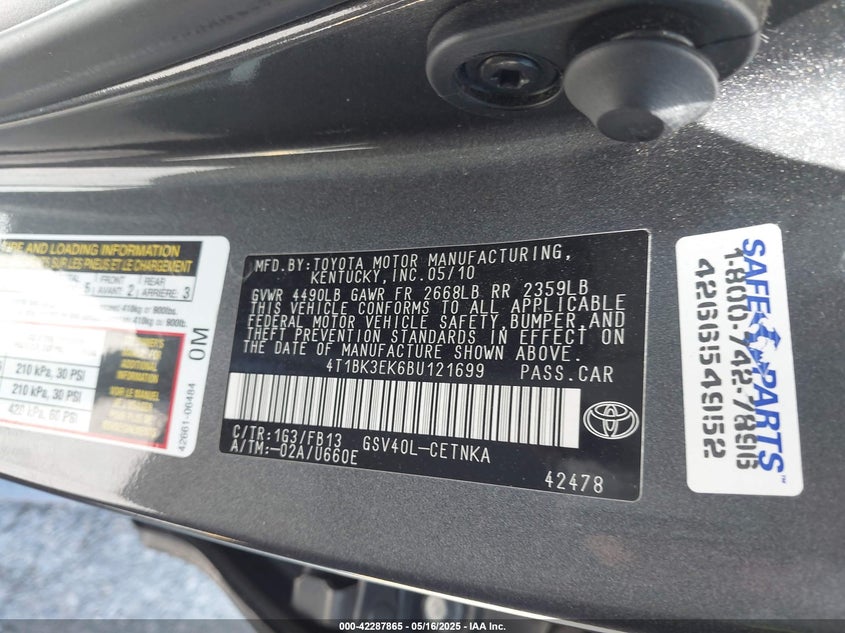 2011 TOYOTA CAMRY VIN: 4T1BK3EK6BU121699