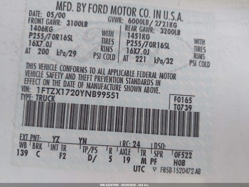 2000 Ford F-150 Work Series/Xl/Xlt VIN: 1FTZX1720YNB99551 Lot: 42287895