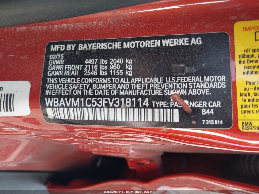 2015 BMW X1 Sdrive28I VIN: WBAVM1C53FV318114 Lot: 42288114