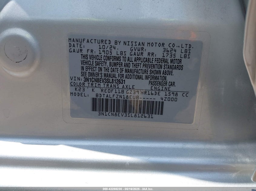 2025 NISSAN VERSA VIN: 3N1CN8EV3SL812631