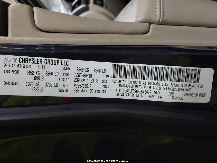 2014 JEEP GRAND CHEROKEE VIN: 1C4RJFBG6EC545417