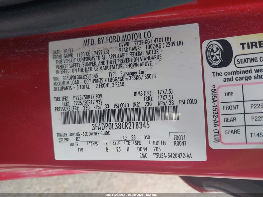 2012 FORD FUSION HYBRID VIN: 3FADP0L38CR218345
