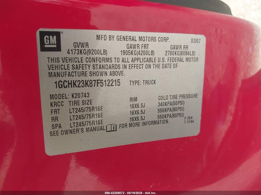 2007 CHEVROLET SILVERADO VIN: 1GCHK23K87F512215