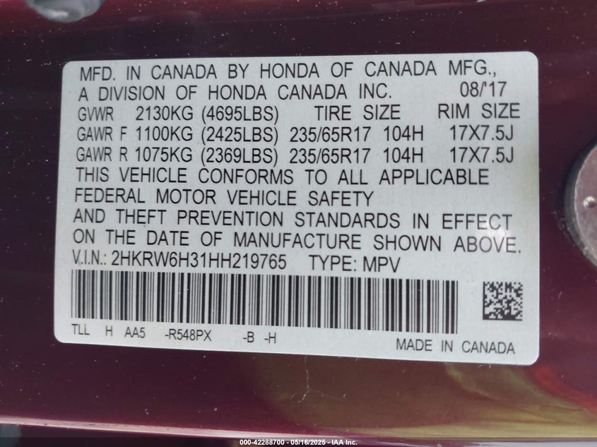 2017 HONDA CR-V VIN: 2HKRW6H31HH219765