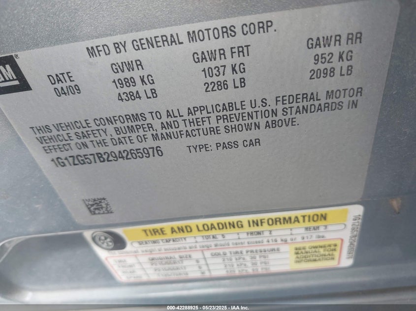 2009 CHEVROLET MALIBU VIN: 1G1ZG57B294265976
