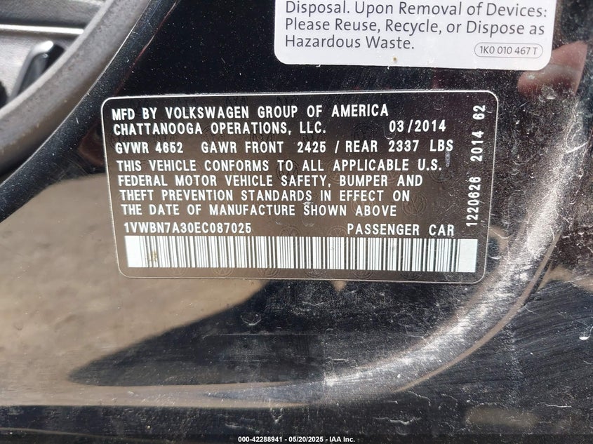 2014 VOLKSWAGEN PASSAT VIN: 1VWBN7A30EC087025