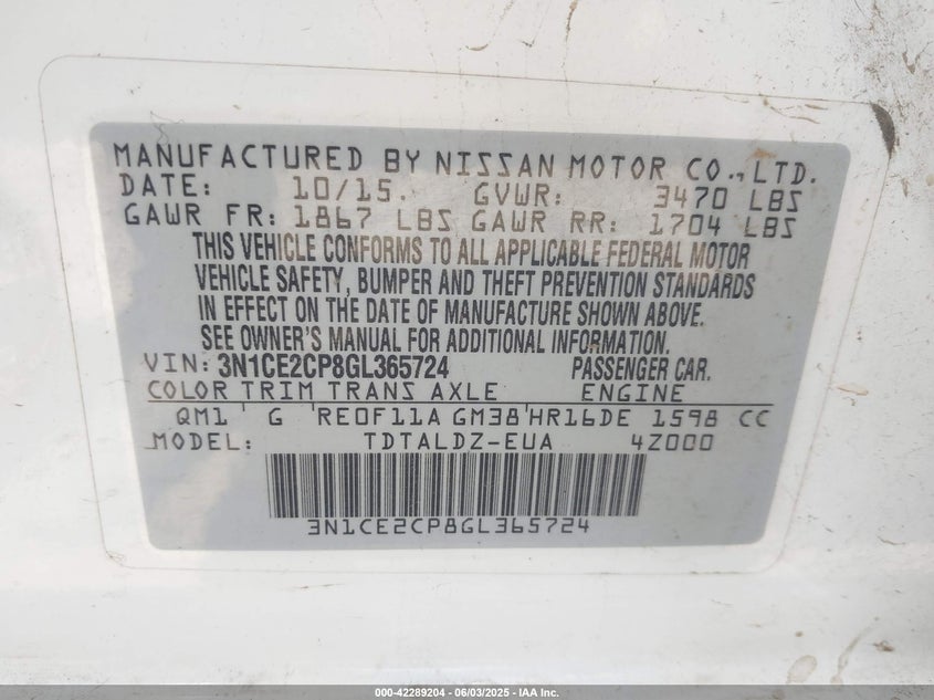 2016 NISSAN VERSA NOTE S (SR)/S PLUS/SL/SR/SV - 3N1CE2CP8GL365724