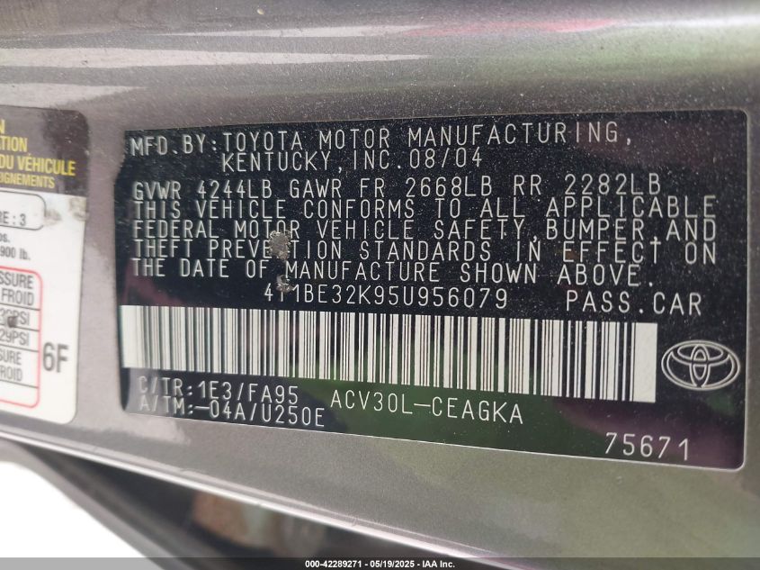 2005 Toyota Camry Xle VIN: 4T1BE32K95U956079 Lot: 42289271