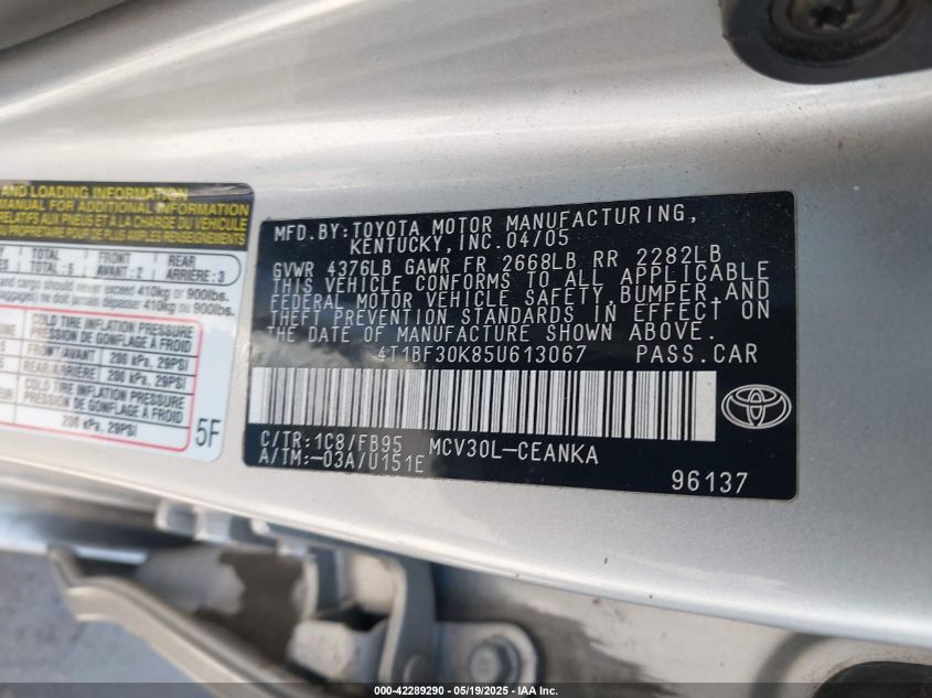 2005 Toyota Camry Le V6 VIN: 4T1BF30K85U613067 Lot: 42289290