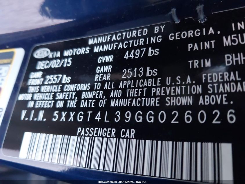 2016 Kia Optima Lx VIN: 5XXGT4L39GG026026 Lot: 42285598