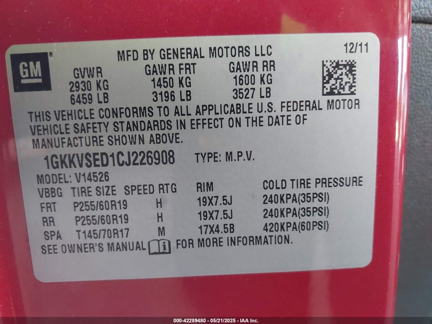 2012 GMC ACADIA VIN: 1GKKVSED1CJ226908