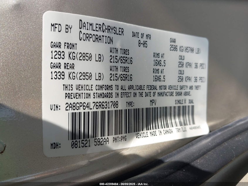 2006 CHRYSLER TOWN & COUNTRY VIN: 2A8GP64L76R631708