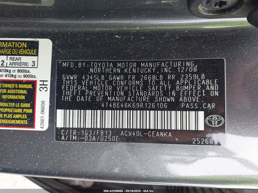 2009 TOYOTA CAMRY VIN: 4T4BE46K69R126106