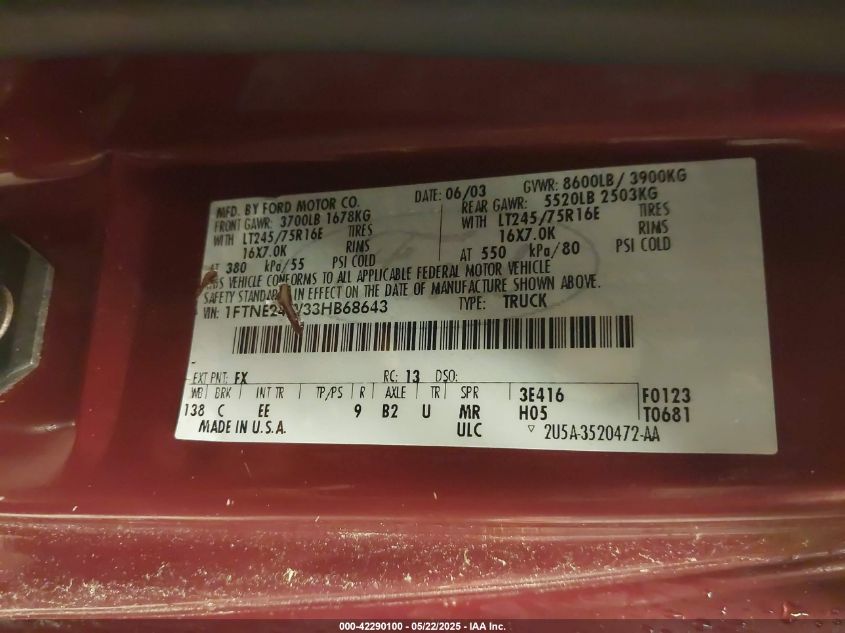 2003 Ford E-250 Commercial/Recreational VIN: 1FTNE24W43HB68643 Lot: 42290100