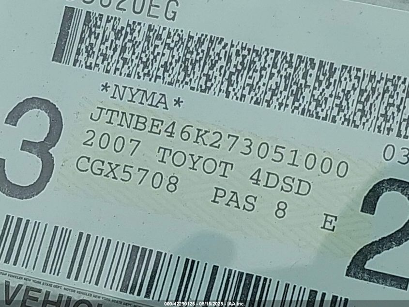 2007 Toyota Camry Le VIN: JTNBE46K273051000 Lot: 42290126