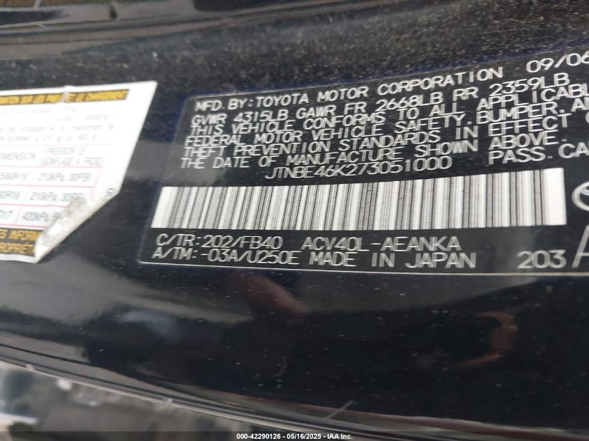 2007 Toyota Camry Le VIN: JTNBE46K273051000 Lot: 42290126