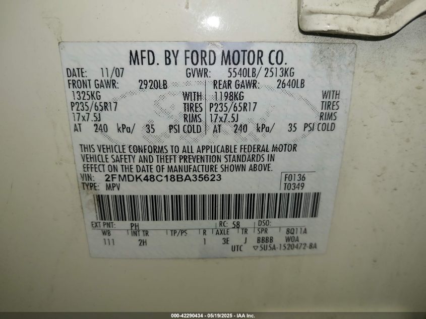 2008 Ford Edge Sel VIN: 2FMDK48C18BA35623 Lot: 42290434