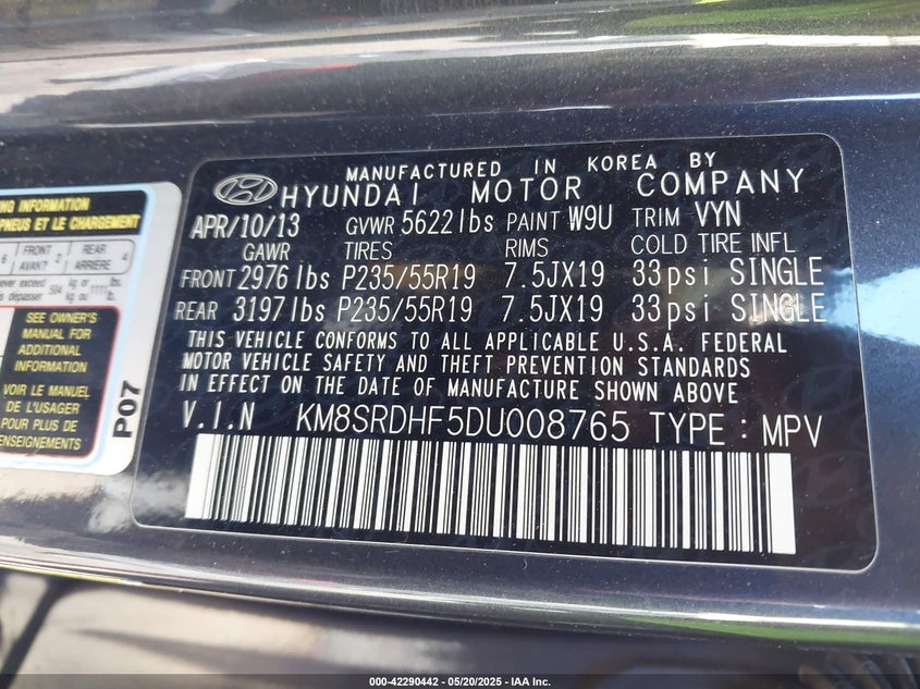 2013 HYUNDAI SANTA FE LIMITED - KM8SRDHF5DU008765