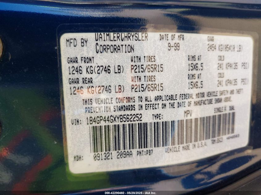 2000 Dodge Grand Caravan Se VIN: 1B4GP44GXYB562252 Lot: 42290460