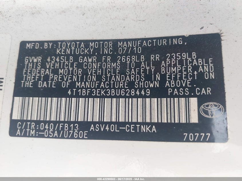2011 TOYOTA CAMRY VIN: 4T1BF3EK3BU628449